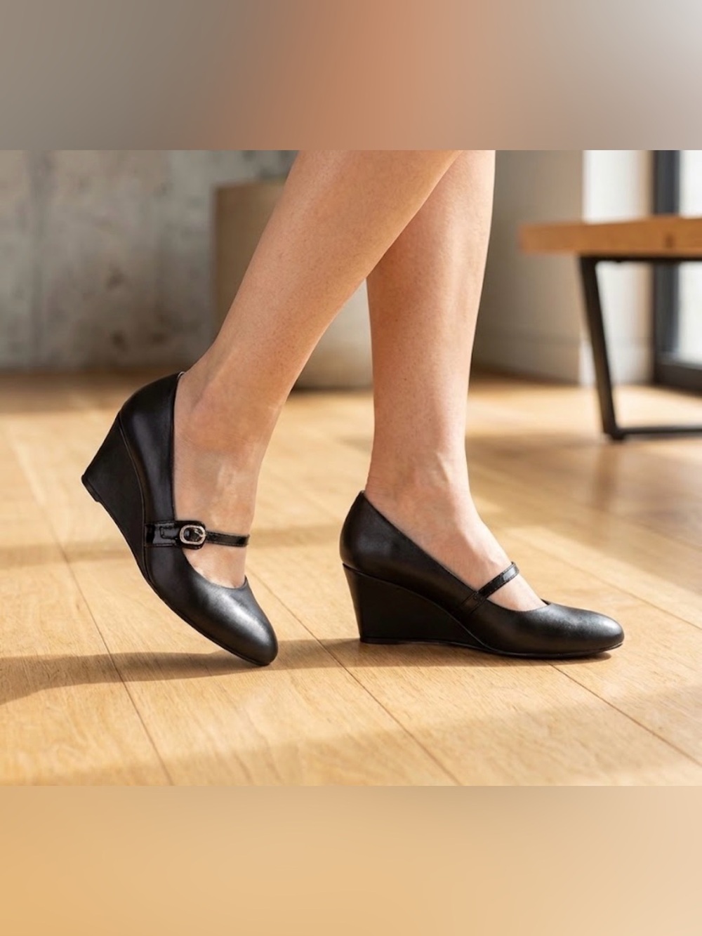 Life Stride Black Leather Mary Jane Wedge Heels